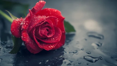 Red rose macro on wet reflective surface with dewdrops detail