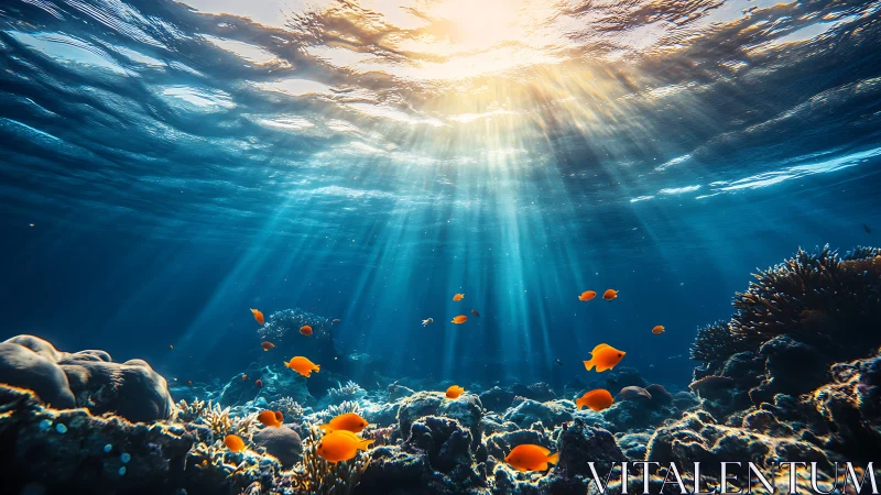 Sunlit coral reef with playful orange fish in gentle motion.
