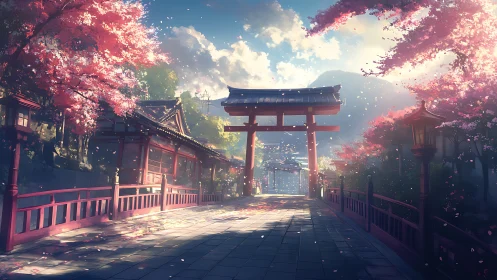 Sunlit shrine torii frames cherry blossom temple path