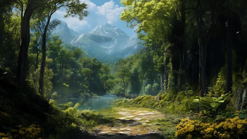 Alpine Valley Corridor: Forested Ravine with Mountain Vista.