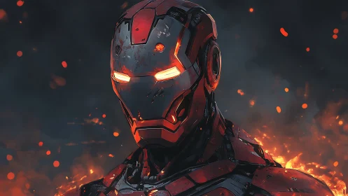 Battle worn red sci fi armored robot in fiery embers.
