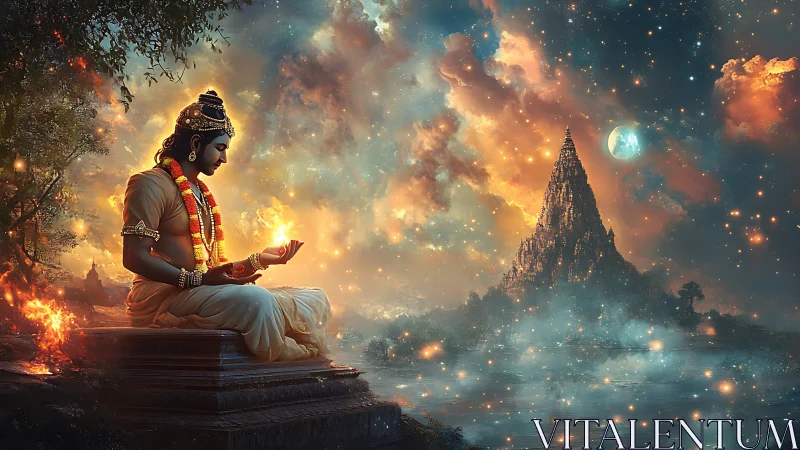 Celestial sage cradling starlight beside a cosmic temple.