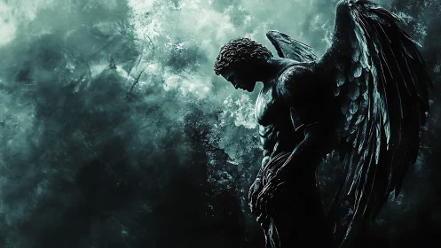 Fallen angel statue stands in stormy teal celestial void