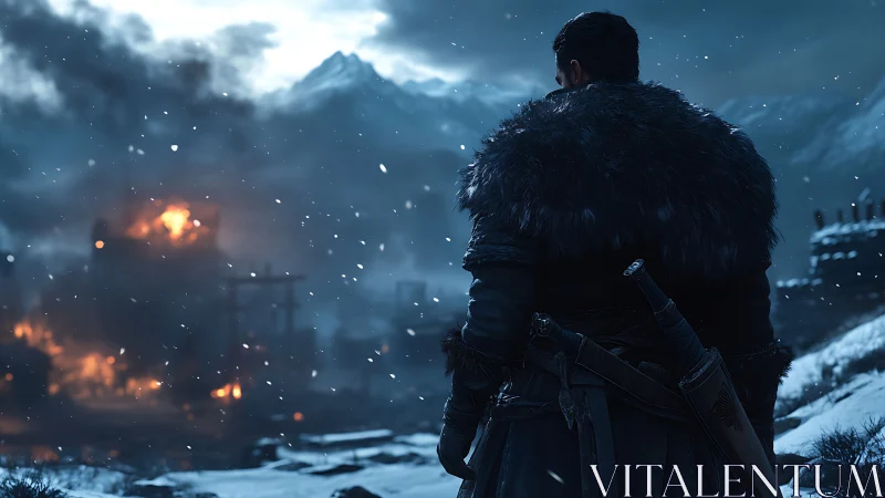 Lone warrior surveys a burning fortress in frozen dusk.