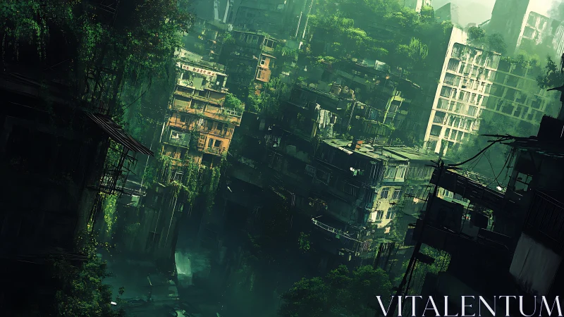 Verdant high-rise ruins where a quiet new wilderness blooms.