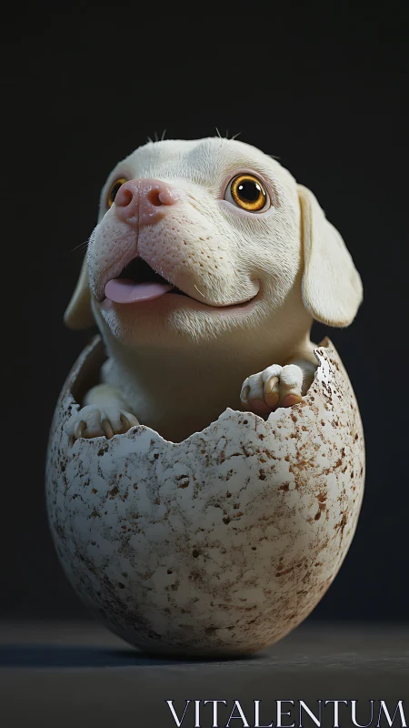 Puppy hatches from speckled egg in playful 3D fantasy