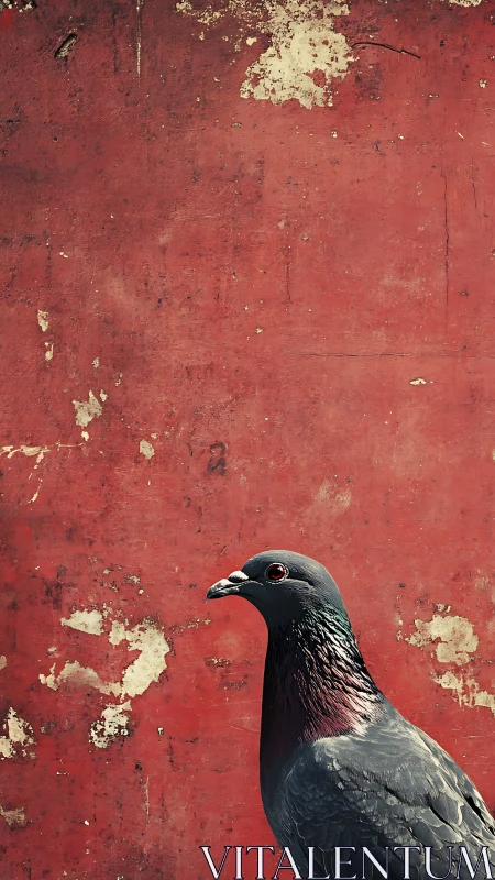 Pigeon profile against weathered red peeling wall backdrop.