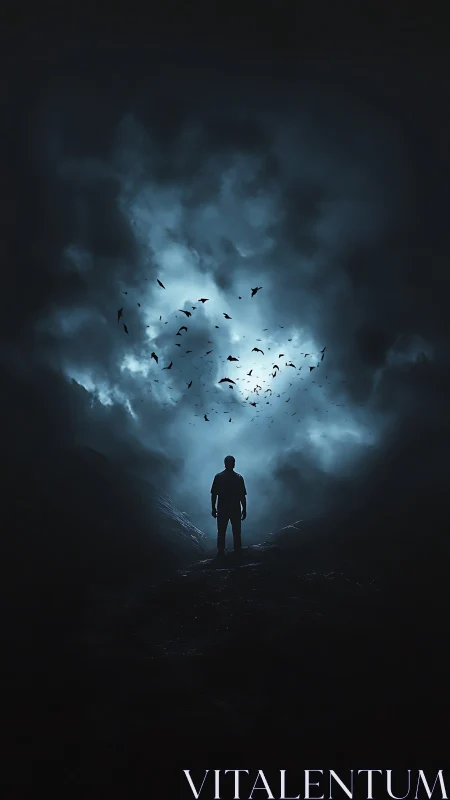 Backlit human silhouette beneath turbulent nocturnal cloudbreak.