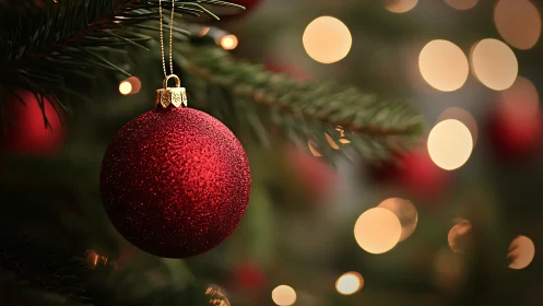 Red Christmas bauble on tree with warm festive bokeh lights.