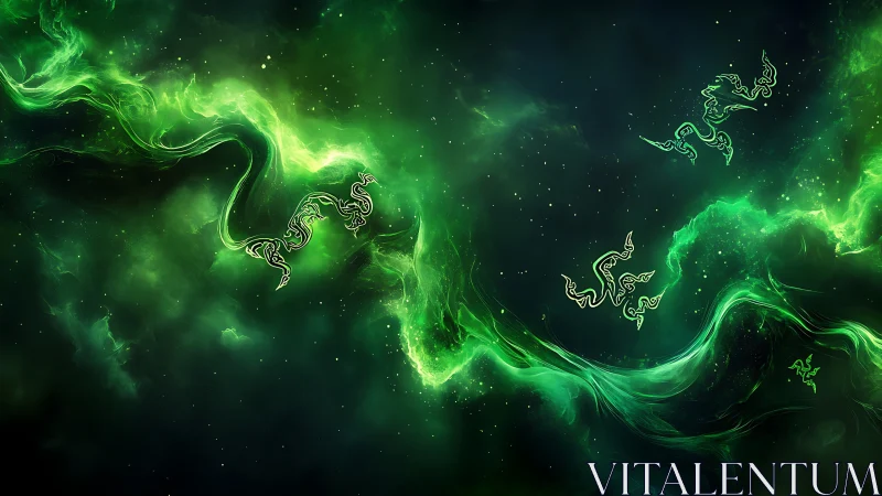 Electric green nebula swirls around stylized serpentine sigils