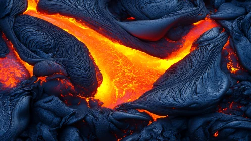 Molten lava channel flows between solidifying basalt crust