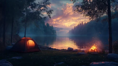 Lakeside camping tent glows beside fire at sunset