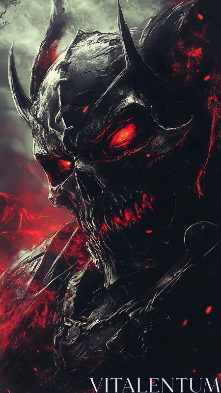 Fierce fiery demon knight glowing in shadowy crimson armor.