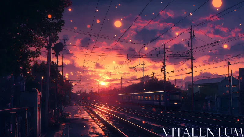 Sunset-lit city train line glows softly in the evening hush