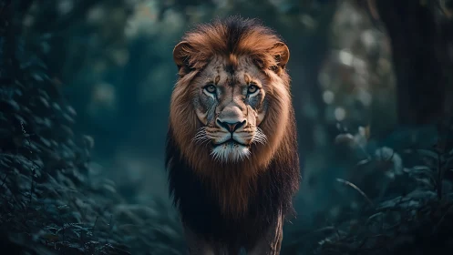 Majestic lion strides through moody teal forest light.