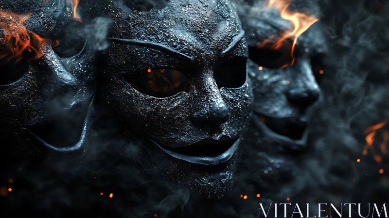 Charred theatrical masks stare through smoke and rising embers