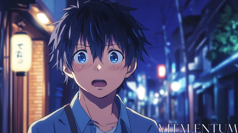 Stunned blue eyed teen in neon lit Japanese alleyway at night