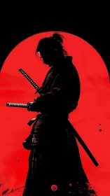 Samurai silhouette with dual katanas against red sun backdrop