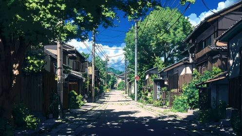 Quiet sunlit Japanese street with wooden houses and trees.