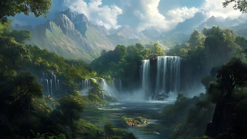 Mountain valley waterfalls with dense forest and river.