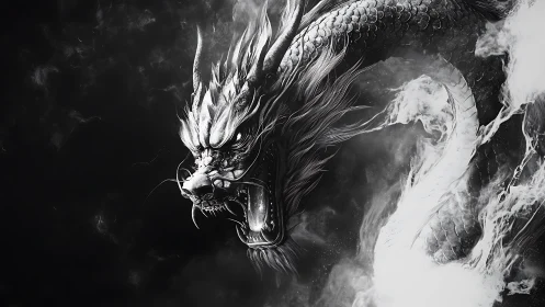 Monochrome serpentine dragon rendered in high-contrast vapor flux.