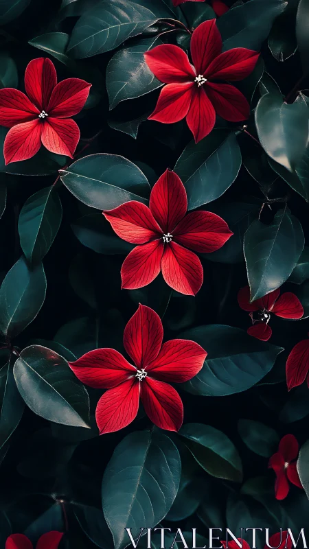 Vibrant Red Flowers Dance Among Deep Emerald Leaves