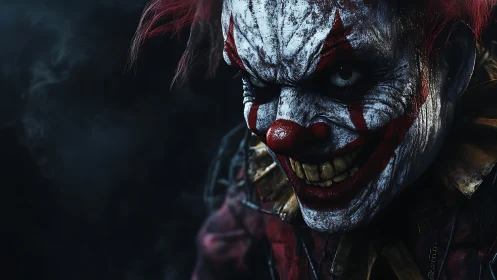 Cinematic low key render of malevolent carnival clown portrait.