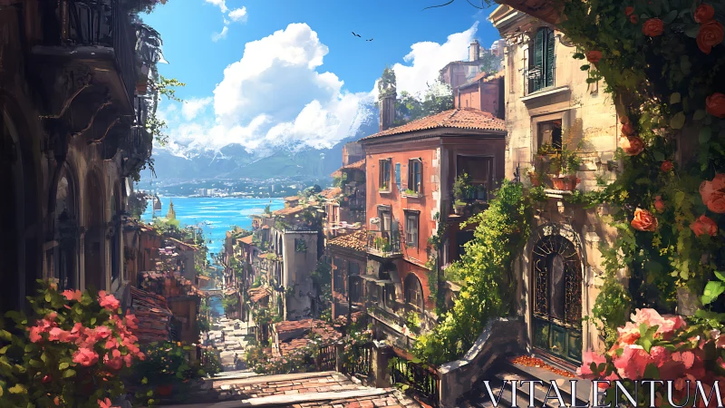 Sunlit Mediterranean hillside street overlooks vibrant coastal bay