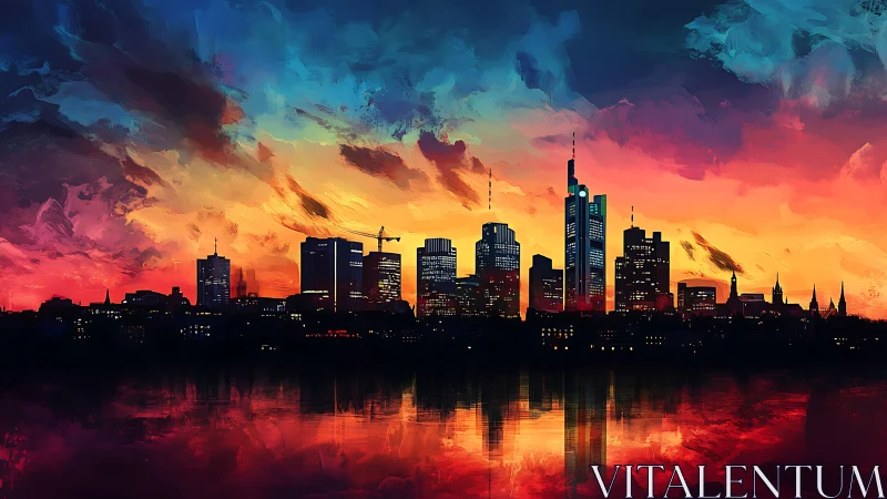 Vibrant digital city skyline under blazing sunset sky.