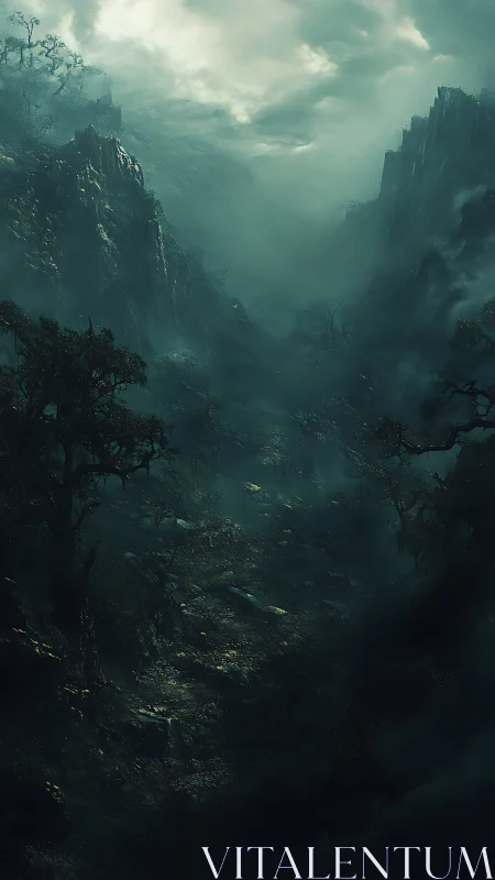 Misty Canyon Valley Between Towering Cliff Walls