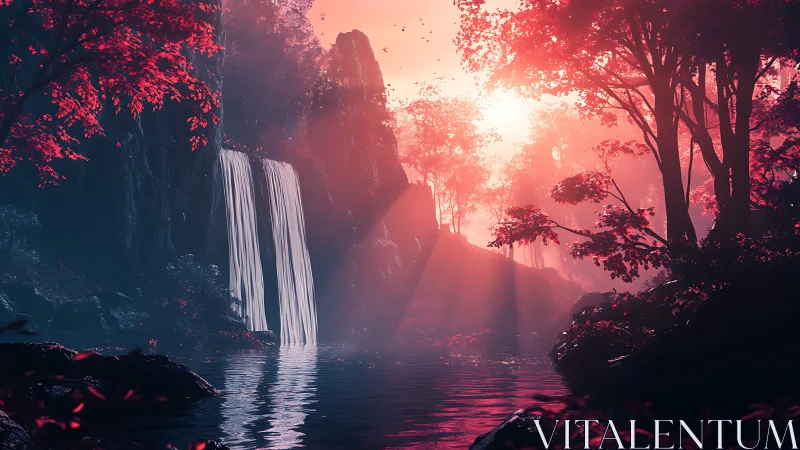 Dreamy twin waterfalls glow in soft pink forest light