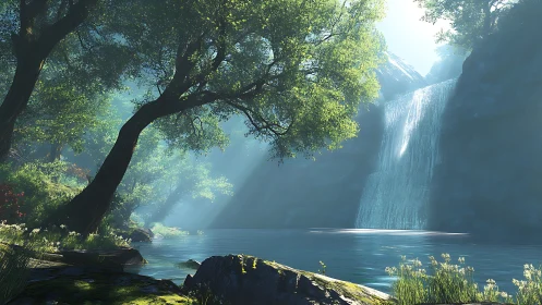 Sunlit forest waterfall cradles a misty, tranquil lagoon.