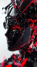Shattered chrome android head with radiant red circuitry glow.