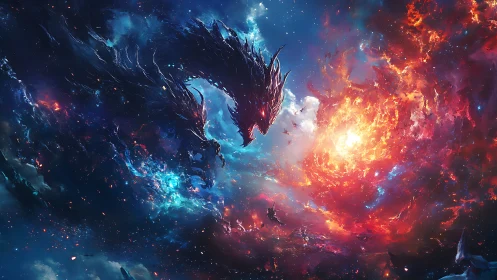 Celestial dragon coils through nebulae in a blazing cosmic sky