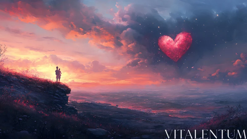 Solitary Figure Gazes at Glowing Heart in Luminous Sunset Landscape