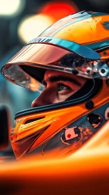 Racing driver close-up in orange helmet and cockpit.