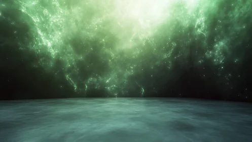 Green nebula sky above smooth alien surface horizon.