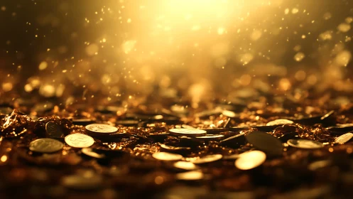 Golden coins shimmer under radiant light in a glowing haze