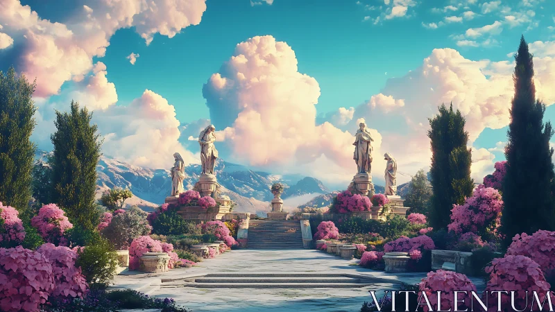 Sunlit neoclassical garden with statues framed by cumulus clouds