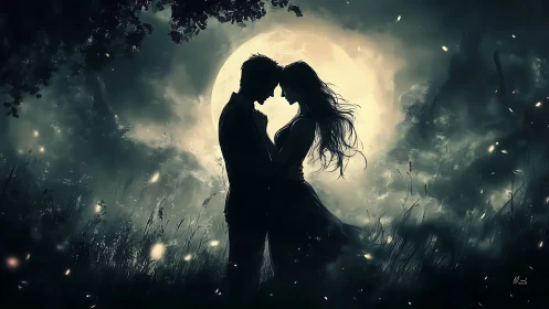 Silhouetted Couple Kissing Against Full Moon in Windswept Nocturnal Landscape.