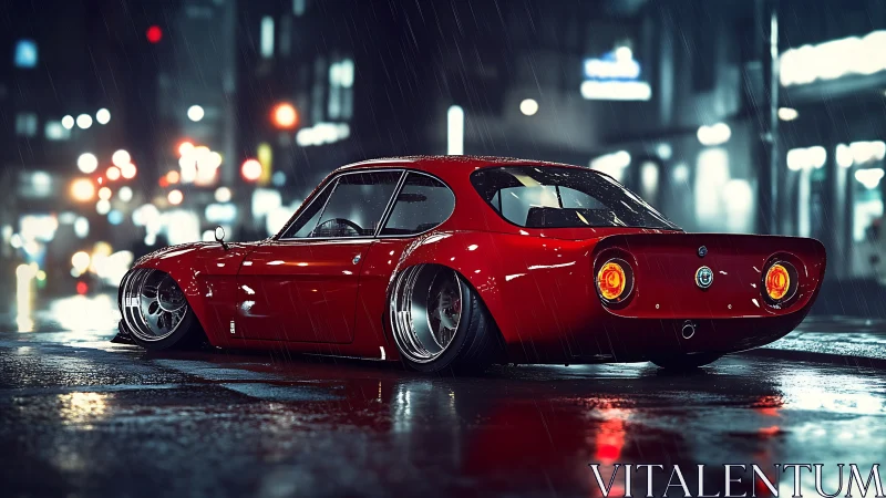 Low-slung red sports coupe under neon rain-soaked city lights.