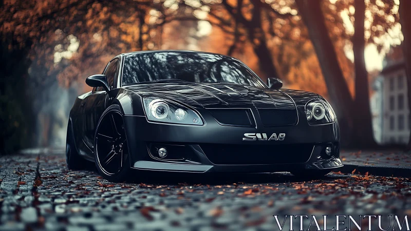 Midnight tuner coupe stalks an autumn street in slick chrome.