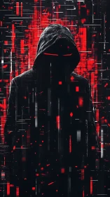 Hooded cyber phantom stalks glitching red data storm.