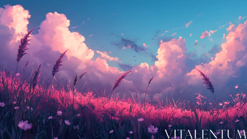 Pink grass field extends under voluminous clouds at sunset