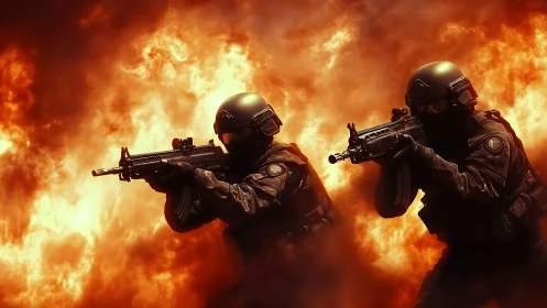Armed Tactical Operators in Inferno Environment with Assault Rifles