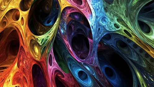 Prismatic vortex lattice swirling through organic neon tunnels.