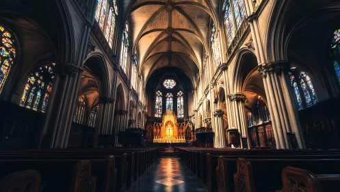 Gothic cathedral interior with glowing golden altar focus.
