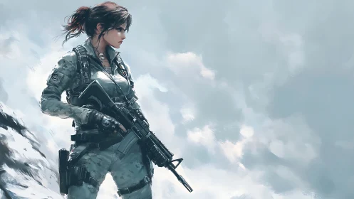 Elite female soldier scans a misty battlefield horizon.