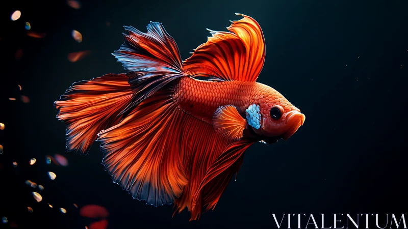 Scarlet betta fish glides through dark minimal water.