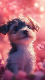 Fluffy White Dog Against Pink Bokeh Background.